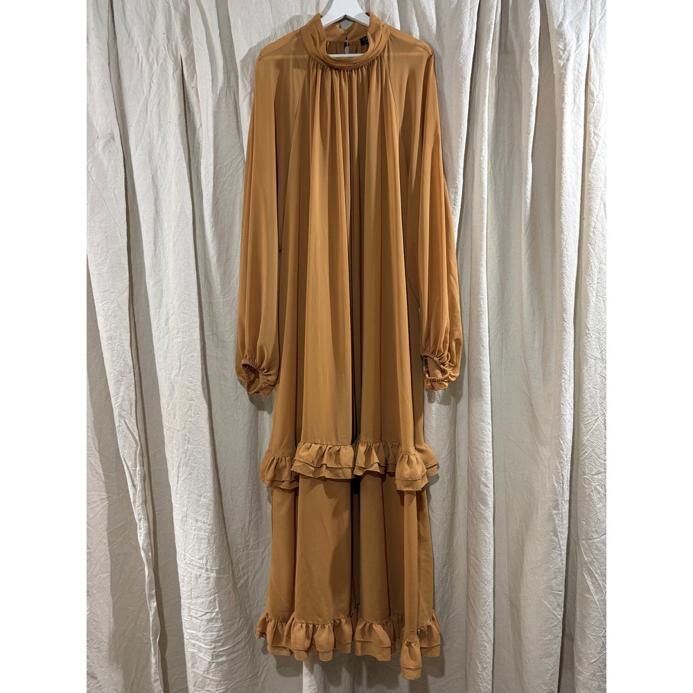 Eloquii 28 Plus Size Camel Tan Mock Neck Sheer Ruffle Tiered Maxi Dress Chiffon